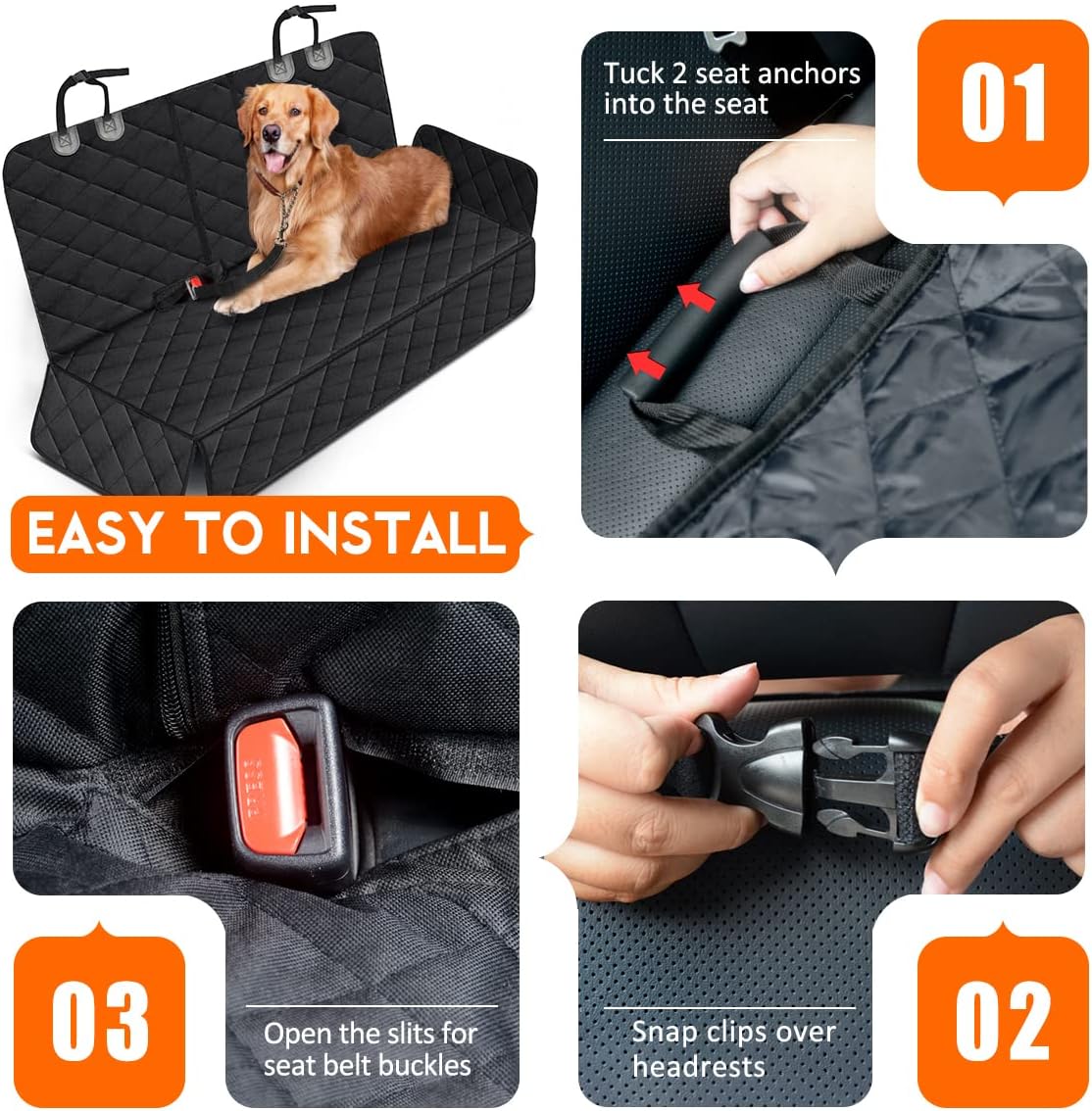 Dog Car Seat Cover - Waterproof Back Seat Protector for Pets, Non-Slip Design with Middle Armrest Fit for Most Cars, Trucks, and SUVs - Black