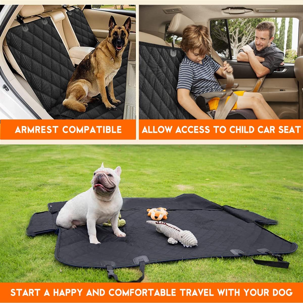 Dog Car Seat Cover - Waterproof Back Seat Protector for Pets, Non-Slip Design with Middle Armrest Fit for Most Cars, Trucks, and SUVs - Black