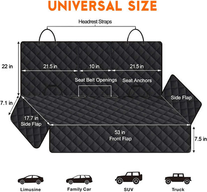 Dog Car Seat Cover - Waterproof Back Seat Protector for Pets, Non-Slip Design with Middle Armrest Fit for Most Cars, Trucks, and SUVs - Black