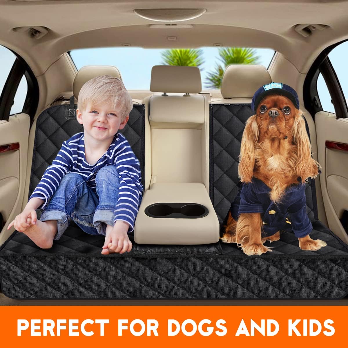 Dog Car Seat Cover - Waterproof Back Seat Protector for Pets, Non-Slip Design with Middle Armrest Fit for Most Cars, Trucks, and SUVs - Black